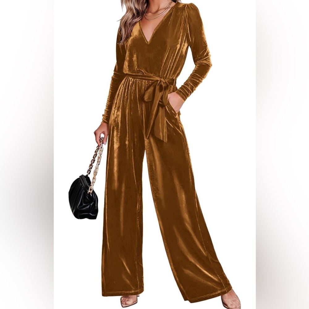 Rust/Brown Velvet Tie-Waist Jumpsuit, US M, Never Worn, Perfect Condition!